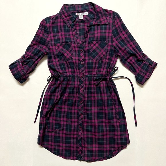 One Step Up Black + Fuchsia Plaid Long Top (Small) - Picture 1 of 7
